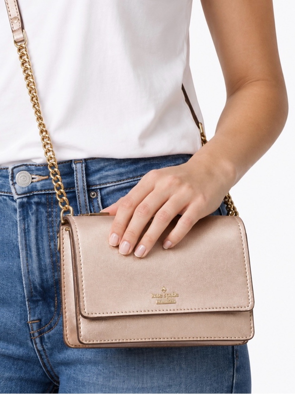 Kate Spade Rose Gold Metallic Leather Flap Crossbody Bag Chain Purse
